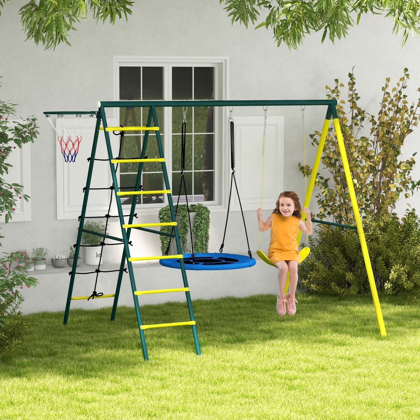 Swing Set 4-in-1 for Kids, Saucer Swing, Seat, Climbing, Basketball Hoop, 3-8 Years, Yellow Kids Crystal