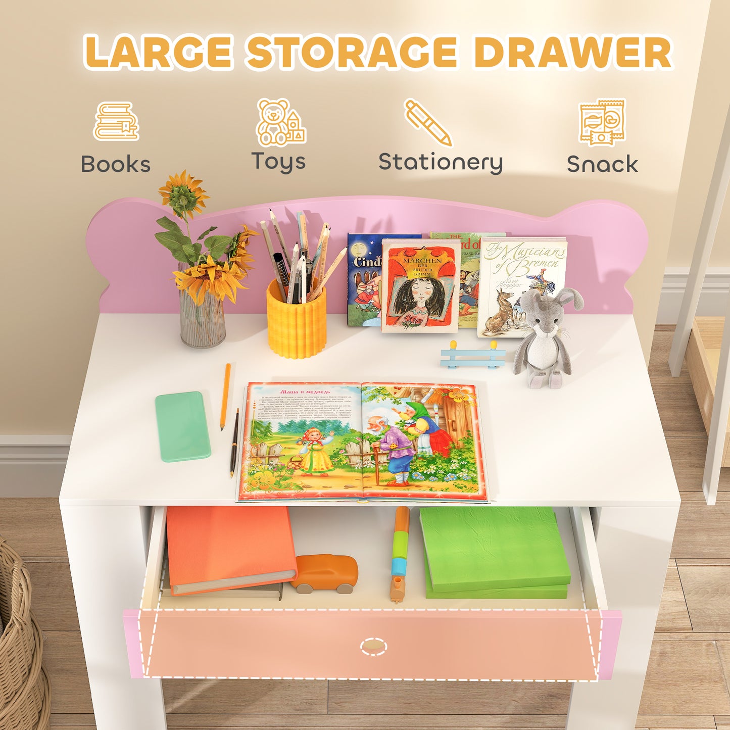Kids Desk and Chair Set with Drawer for Drawing, Reading, Bear Theme Children Furniture for Bedroom, Daycare, Pink Kids Crystal
