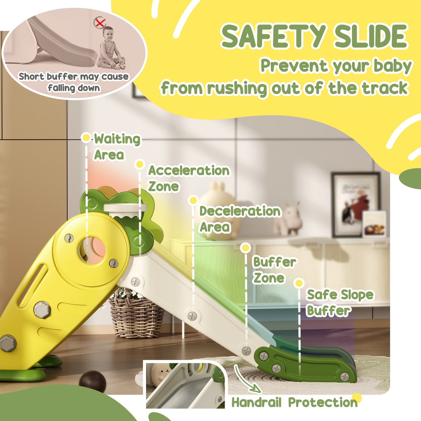 3 in 1 Foldable Toddler Slide with Basketball Hoop, Climber, for 1-3 Years Old, Yellow Kids Crystal