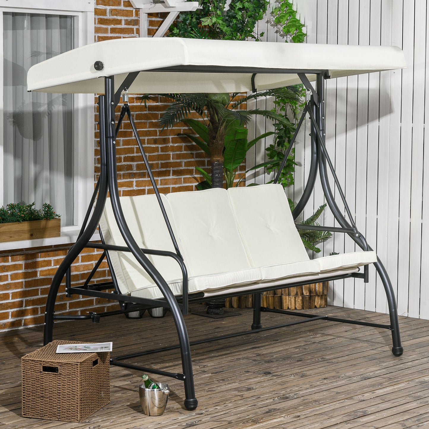 Convertible Patio Swing Bed with Canopy and Cushions, 3 Seater Porch Swing for Outdoor, Backyard, Garden, Cream White Kids Crystal