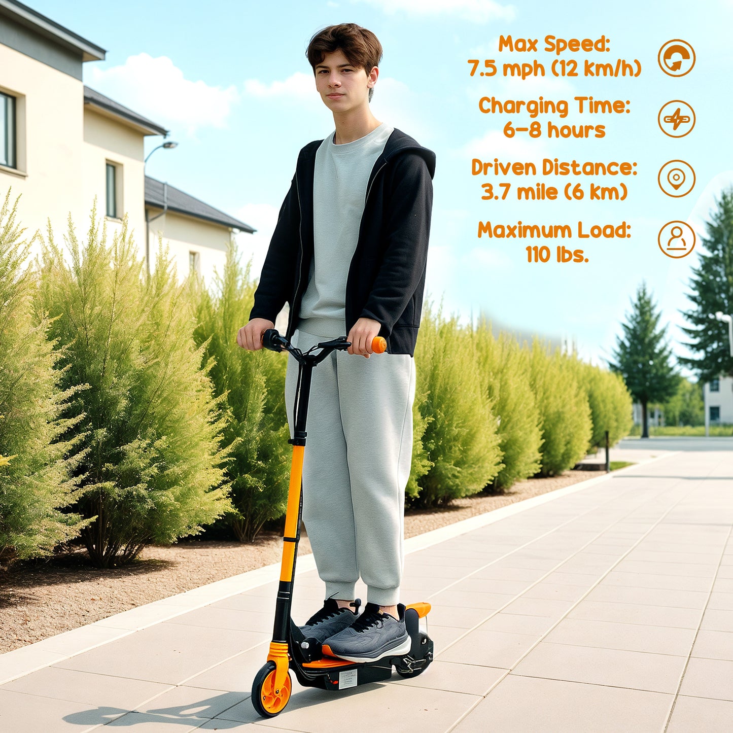 Foldable Electric Scooter for Kids Ages 6-14, with Seat and 2 Adjustable Heights, Max 6km Range & 12km/h, Orange Kids Crystal