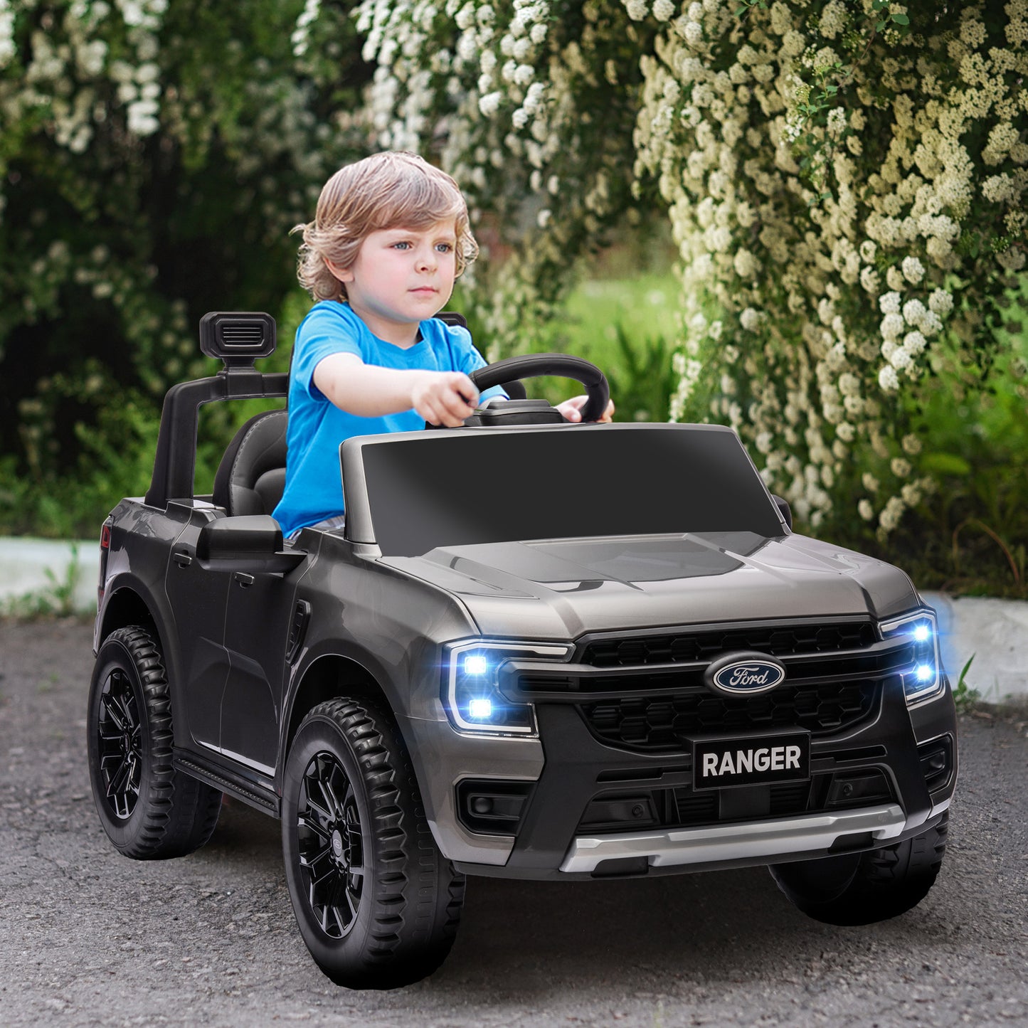 Ford Ranger Licensed 12V Ride on Car Battery Powered Kids Truck w/ Rear Storage Remote, Spring Suspension, Grey Kids Crystal