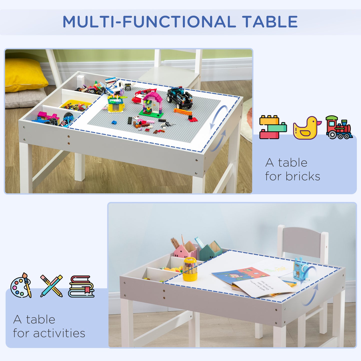 Kids Table Set with Building Block Desktop: 2-Piece Toddler Set, Multiple Storage Spaces Kids Crystal