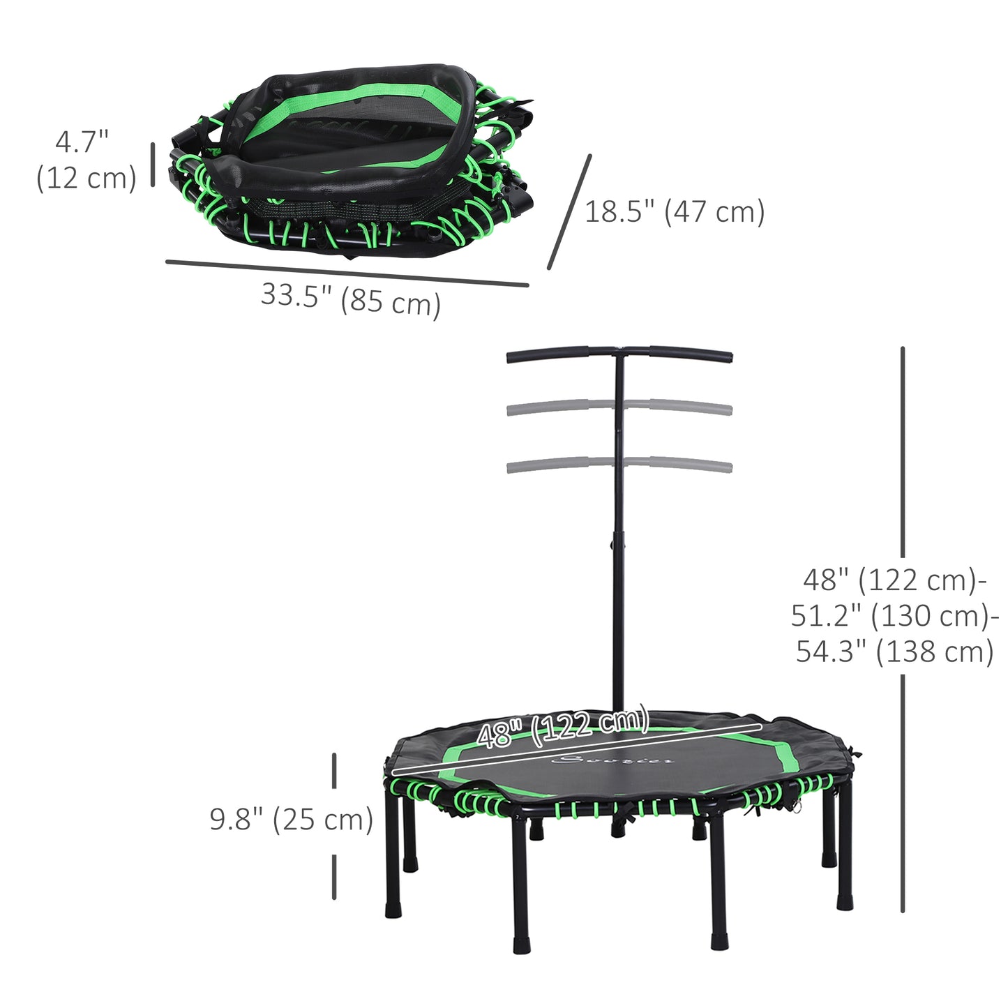 Foldable Mini Trampoline with Adjustable Handle Bar 48" for Adult Fitness Workout Green Kids Crystal