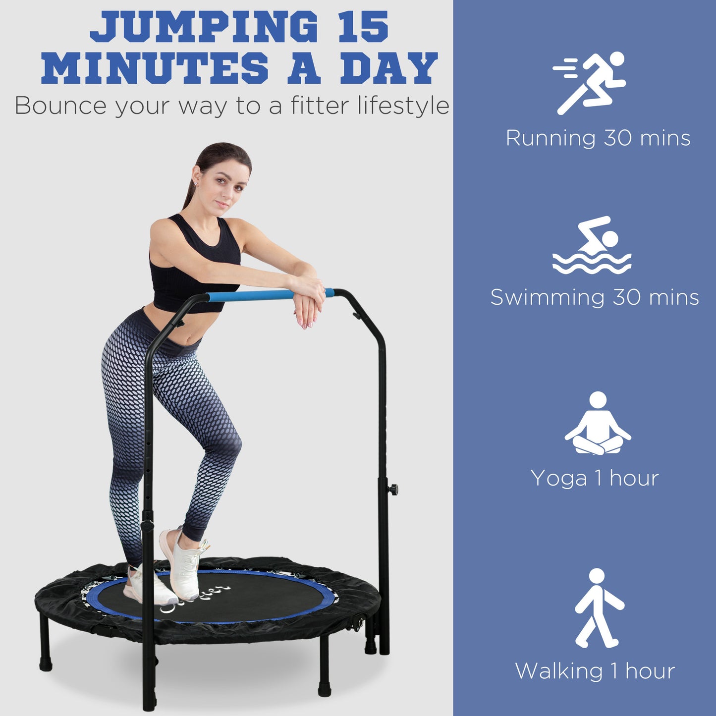 40" Foldable Mini Fitness Trampoline, with Adjustable Foam Handle, Blue Kids Crystal