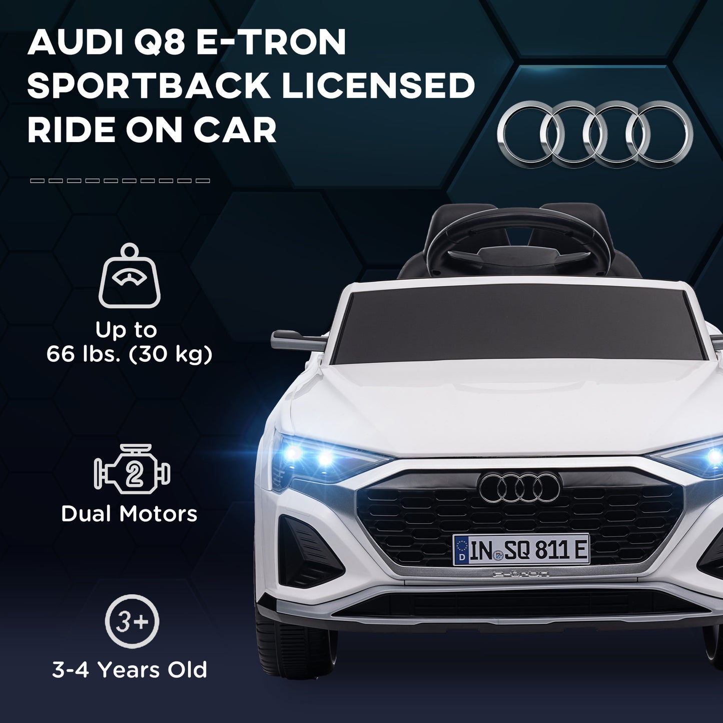 12V Battery Powered Kids Electric Car, Audi Q8 etron Sportback Licensed Ride on Car w/ Remote Control, White Kids Crystal