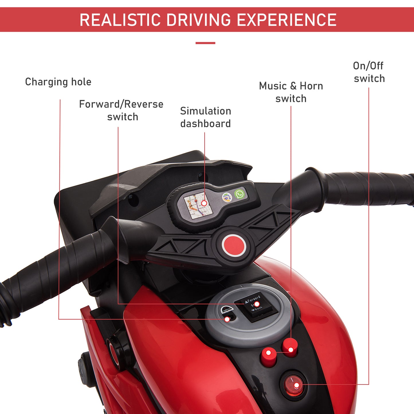 Kids Electric Motorcycle Ride-On Toy 6V Battery Powered with Music Horn Headlights Red Kids Crystal