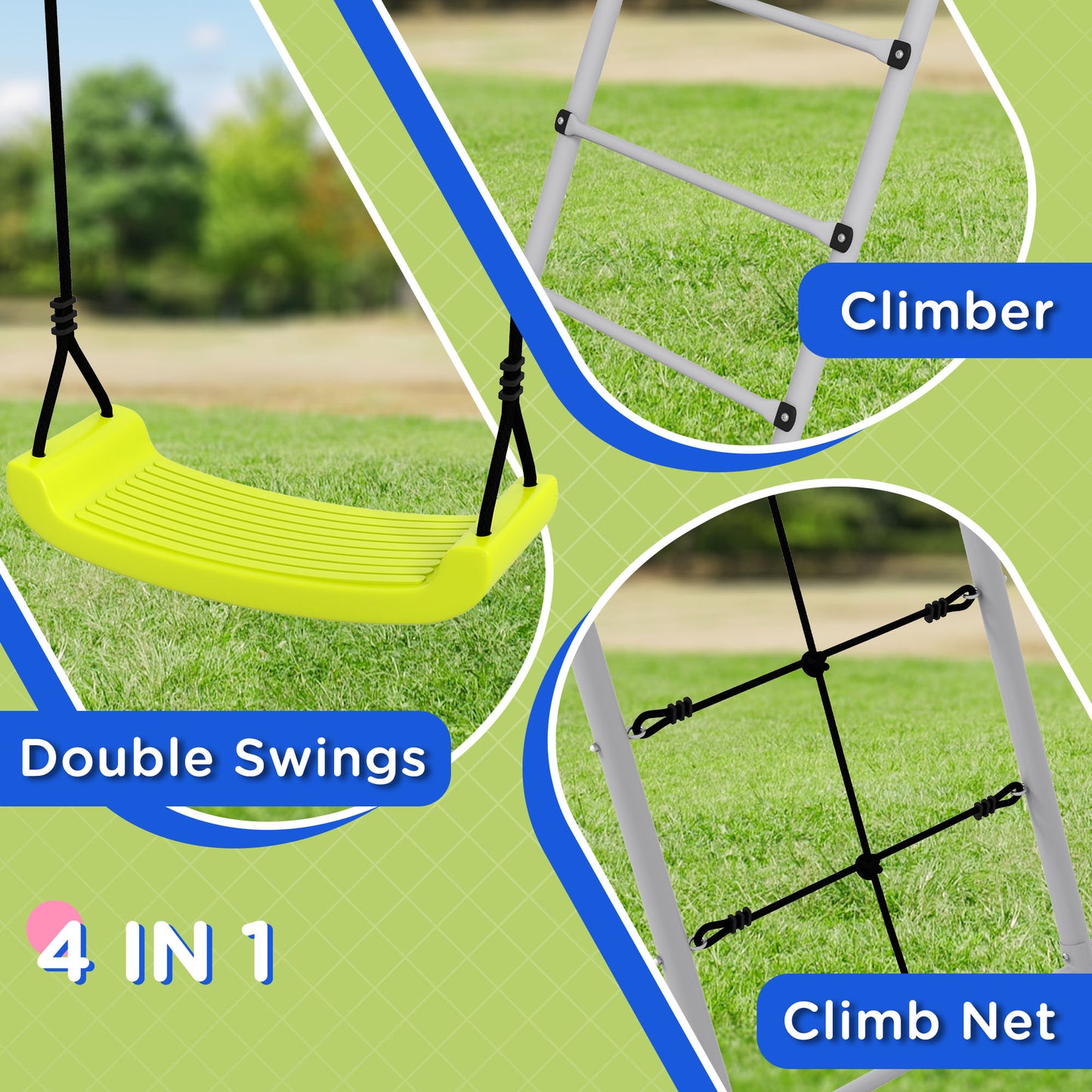 4-in-1 Metal Swing Set Double Swings Climber Climbing Net Kids Toddlers Backyard Outdoor Playground Kids Crystal