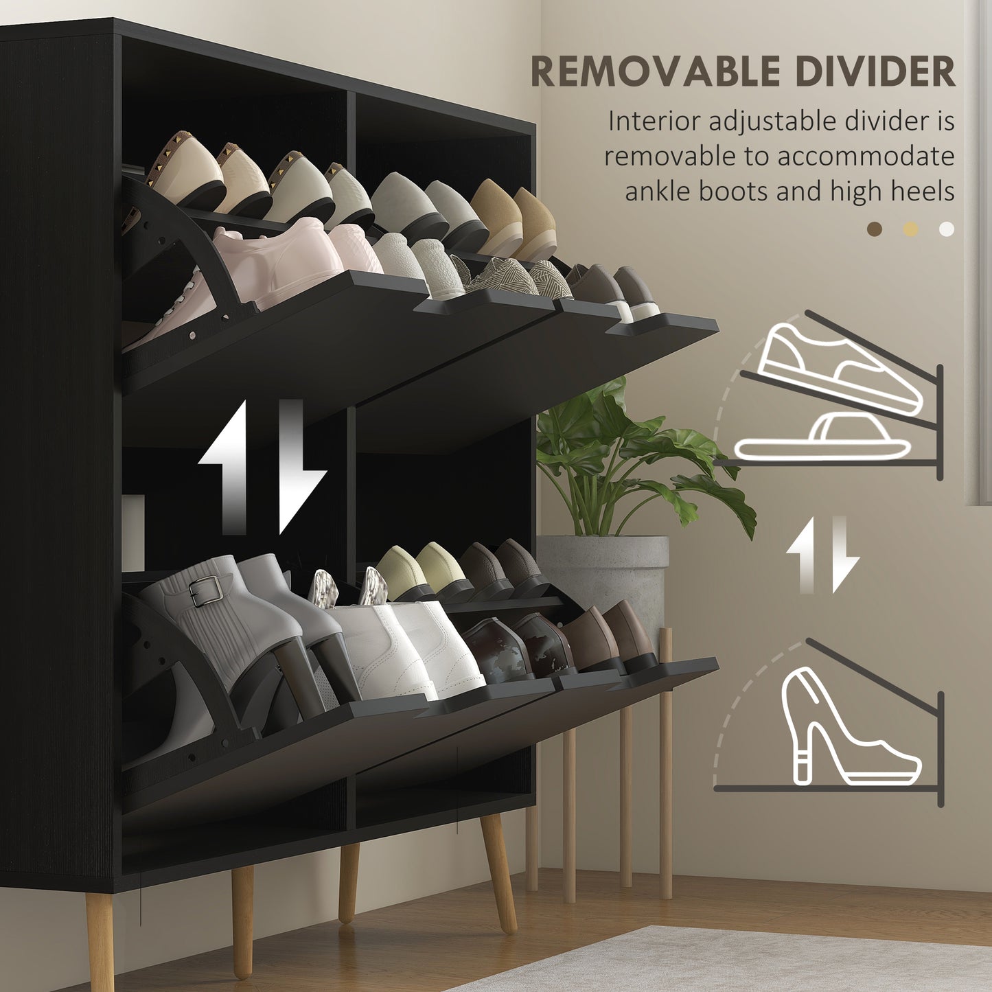 Shoe Storage Cabinet with 4 Flip Drawers and Adjustable Shelf, Shoe Cabinet for 16 Pairs of Shoes, Black Kids Crystal