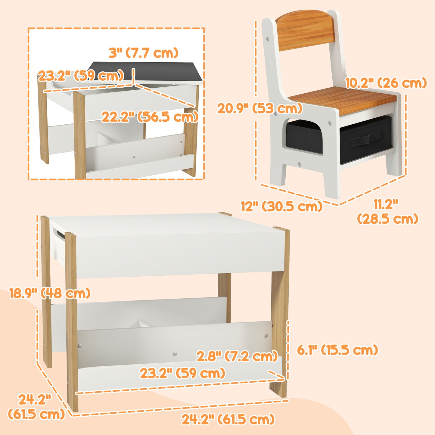 3-Piece Kids Table & Chair Set with Reversible Tabletop & Storage in Natural - Perfect for Nurseries