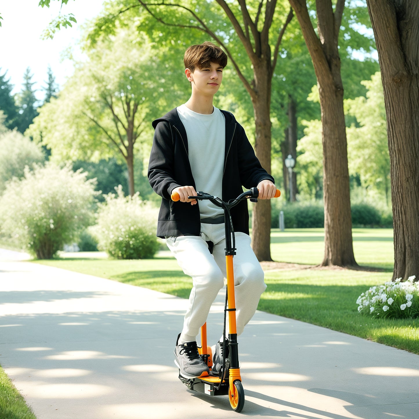 Foldable Electric Scooter for Kids Ages 6-14, with Seat and 2 Adjustable Heights, Max 6km Range & 12km/h, Orange Kids Crystal