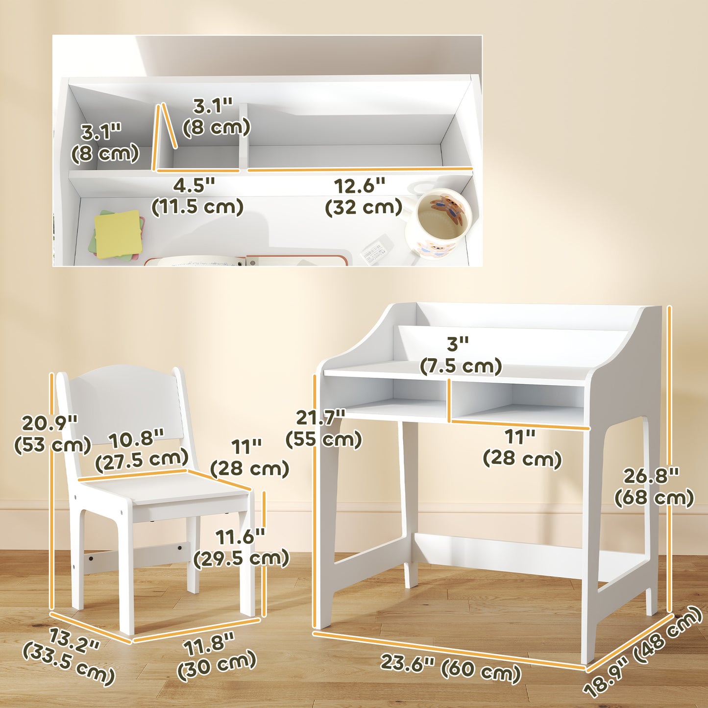Kids Desk and Chair Set with Storage, Shelves for Bedroom, 3-8 Years Old, White Kids Crystal