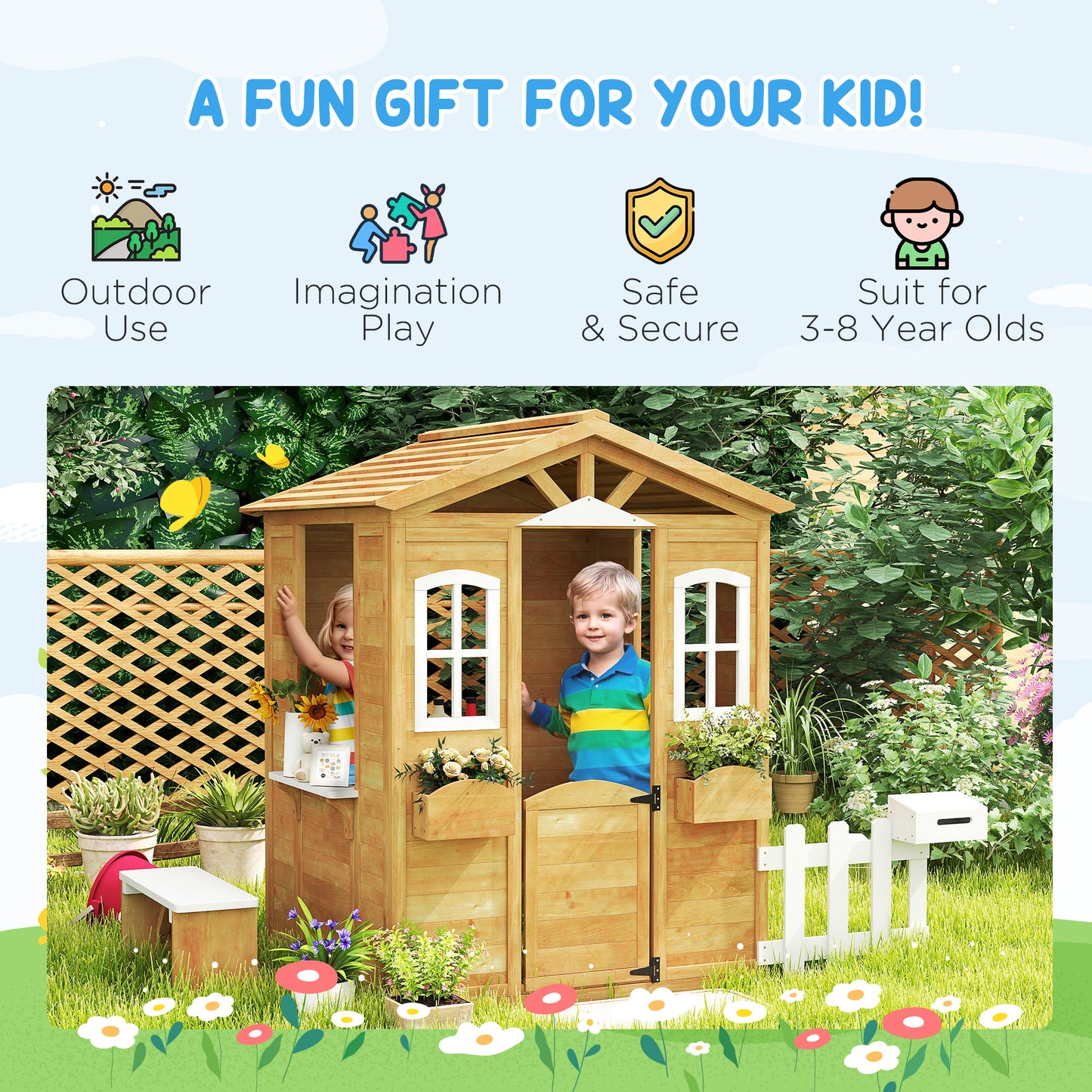 Wooden Kids Playhouse with Door Windows Mailbox Flower Pot Holder Serving Station Bench Yellow Kids Crystal
