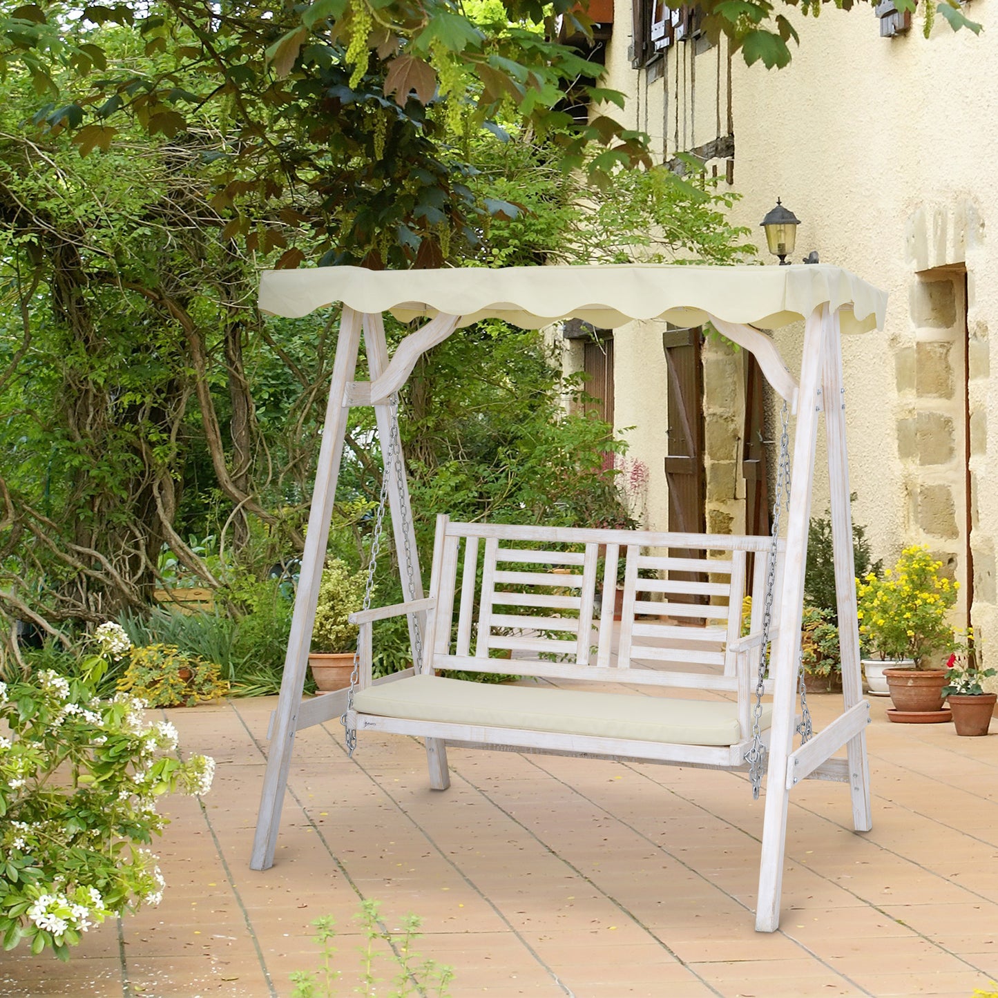 Porch Perfection: 2-Seater Swing with Stand, Canopy, Cushion, Outdoor Wooden Swing Chair Bench Kids Crystal