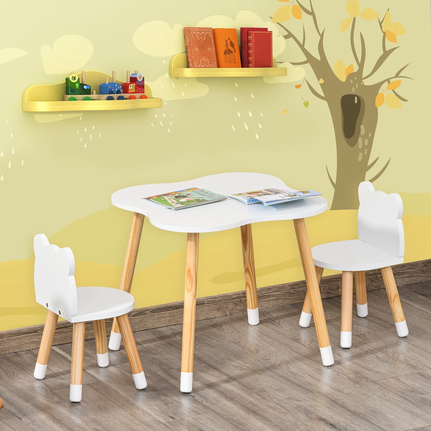 Wooden Kids Table & Chair Set: Cute Bear Design, Rounded Edges for Toddler Dining/Play in White Kids Crystal