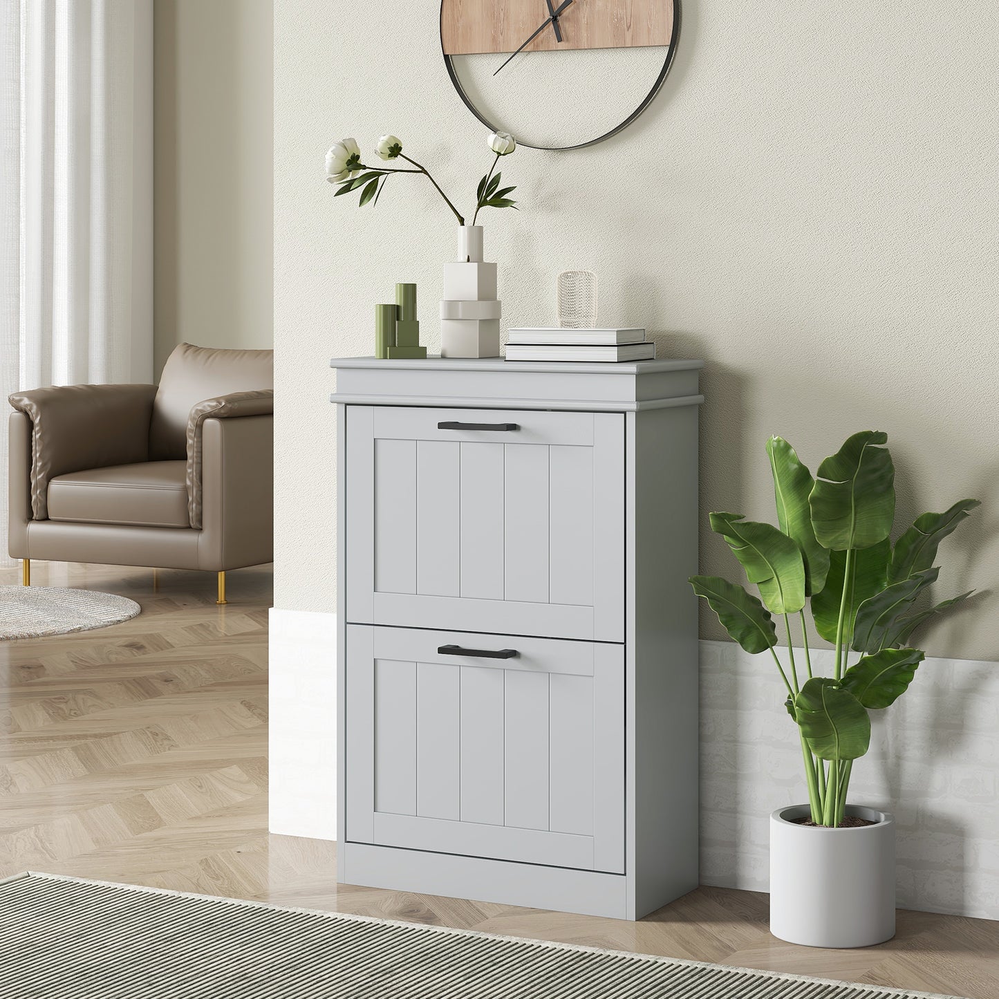 Shoe Storage Cabinet with 2 Flip Drawers and Adjustable Shelves, Narrow Shoe Cabinet for 10 Pairs of Shoes, Grey Kids Crystal