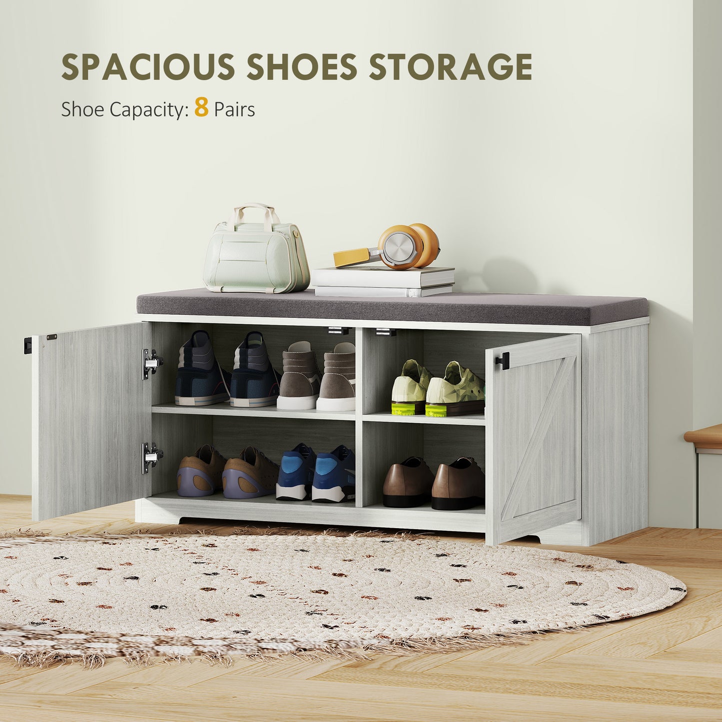 Shoe Storage Bench with Padded Seat, Entryway Bench Holds up to 352 lb, Shoe Organizer, 8 Pairs, Light Grey Kids Crystal