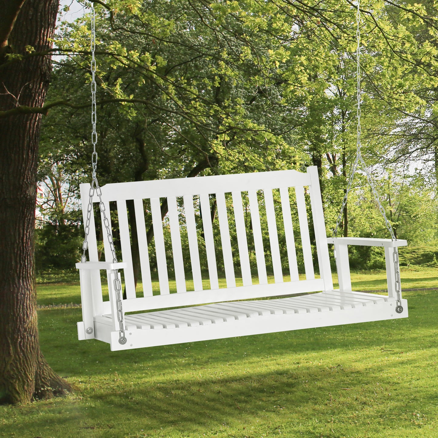 White 2-Person Porch Swing Bench: Adjustable Hanging Chains Patio Chair for Deck, Garden, Backyard Relaxation Kids Crystal