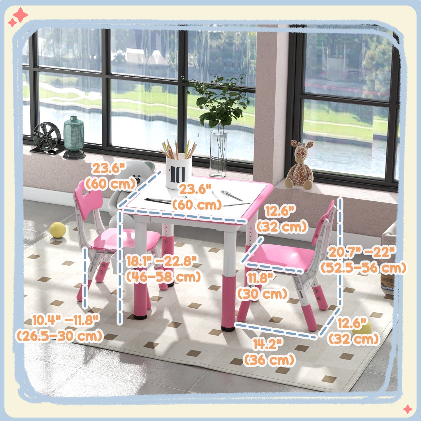 3 Piece Kids Table Chair Set Height Adjustable Storage Playroom Furniture Easy Clean Plastic Sturdy Construction Pink