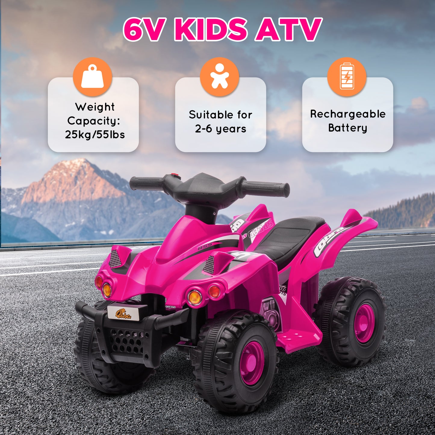 6V Kids ATV Quad w/ Music, Forward, for 2-6 Years, Pink Kids Crystal
