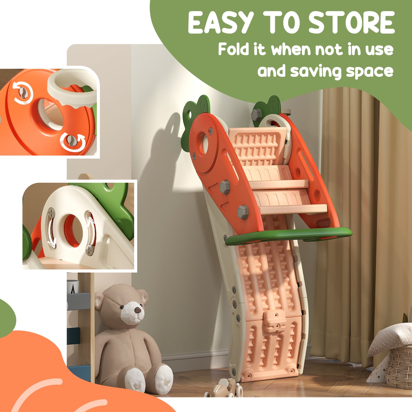 3 in 1 Foldable Toddler Slide with Basketball Hoop, Climber, for 1-3 Years Old, Orange Kids Crystal