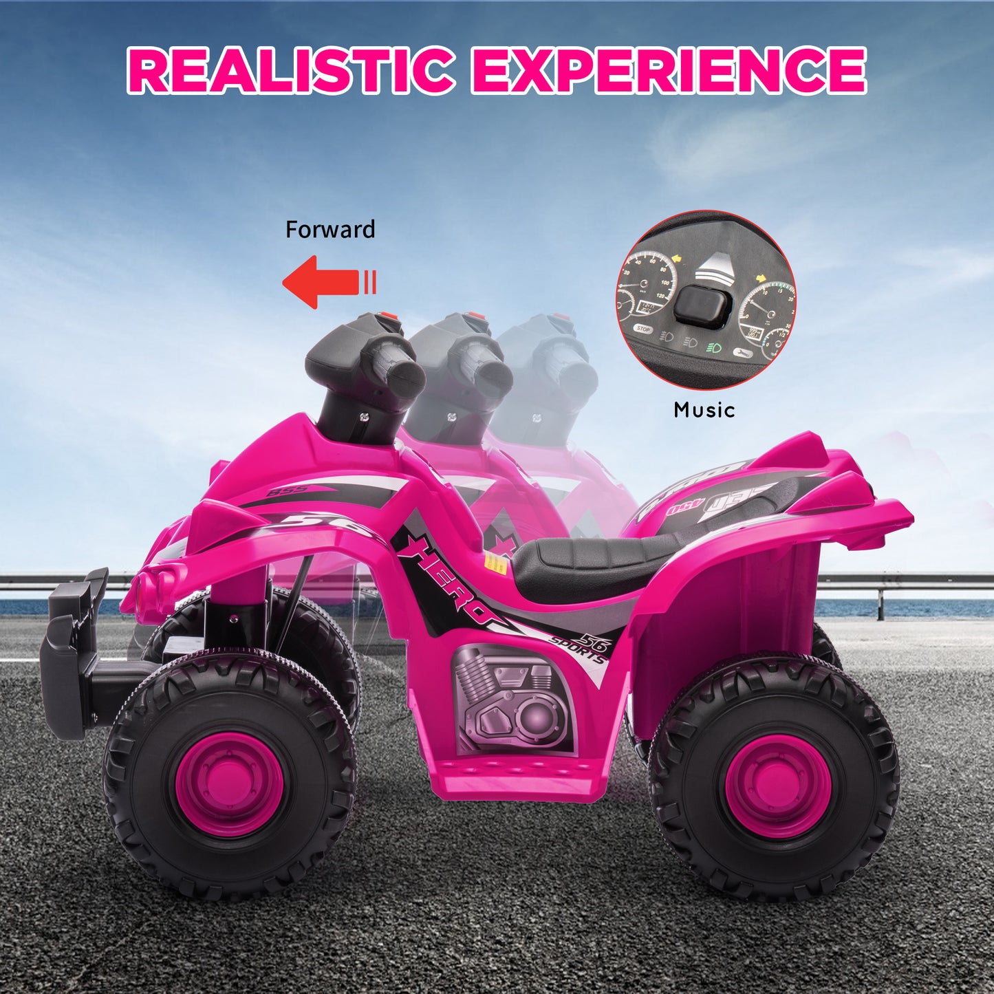 6V Kids ATV Quad w/ Music, Forward, for 2-6 Years, Pink Kids Crystal