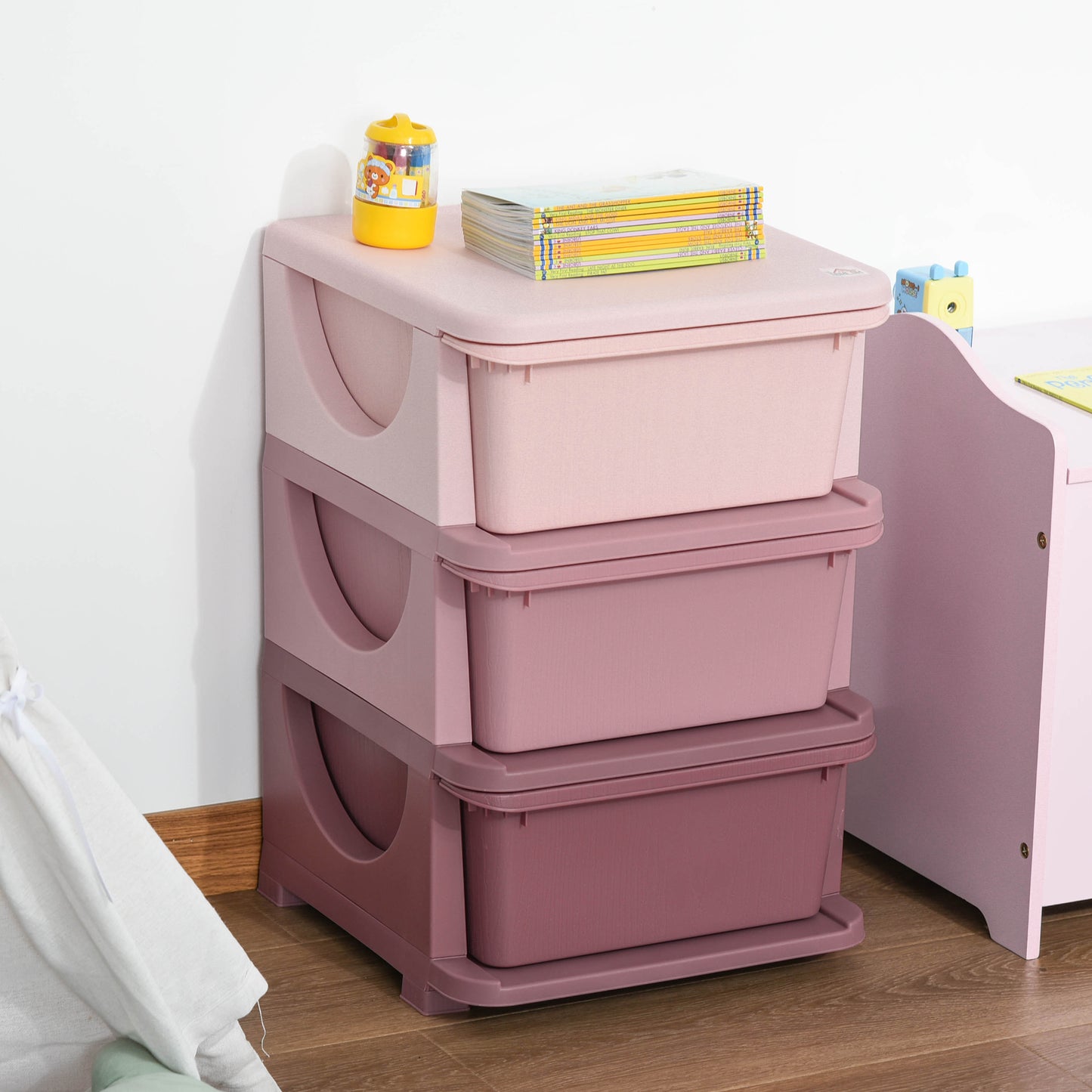 3 Tier Kids Toy Organizer and Storage Bins with 3 Plastic Drawers, Pink Kids Crystal