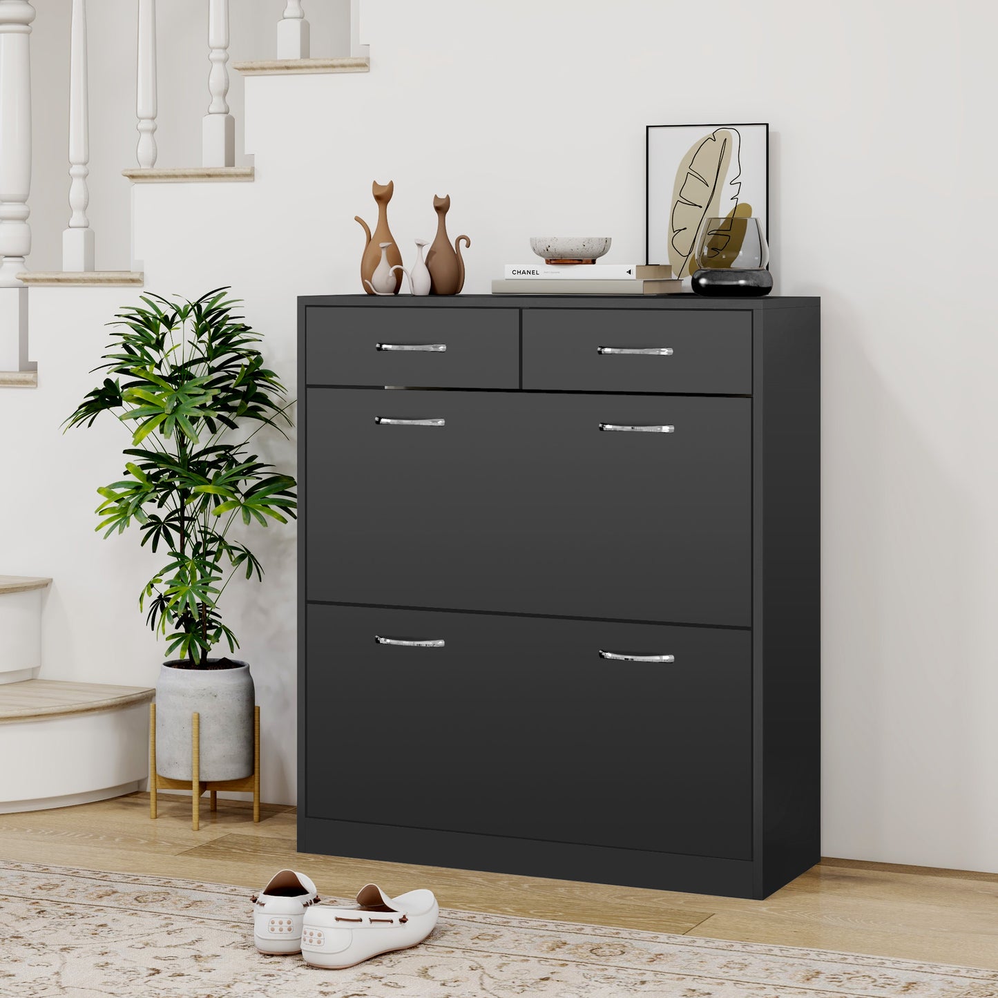 Shoe Storage Cabinet 12 Pairs Adjustable Shelves 2 Drawers Space Saving Compact Black Kids Crystal