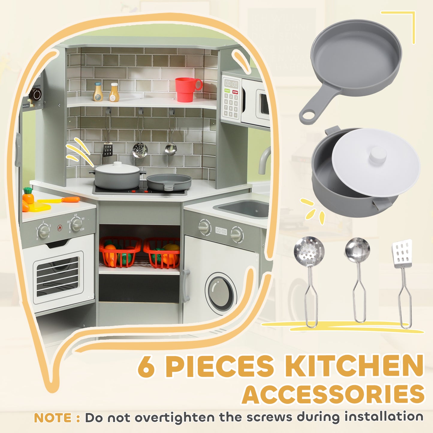Corner Play Kitchen, Pretend Play Kitchen Set with Lights & Sounds, Stove Ice Maker Microwave Oven Kids Crystal