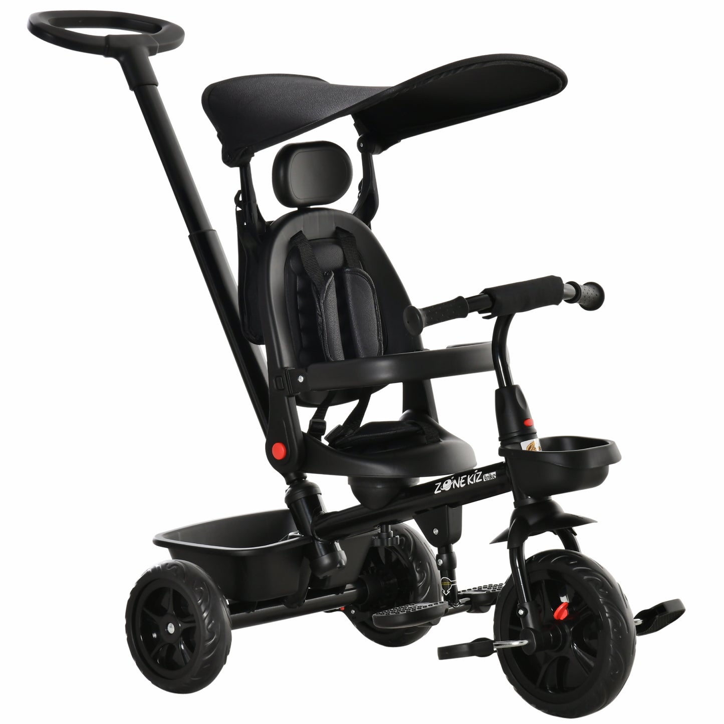 4-in-1 Baby Tricycle Stroller with Reversible Seat, Adjustable Handle, Canopy, Safety Belt, Storage - Black