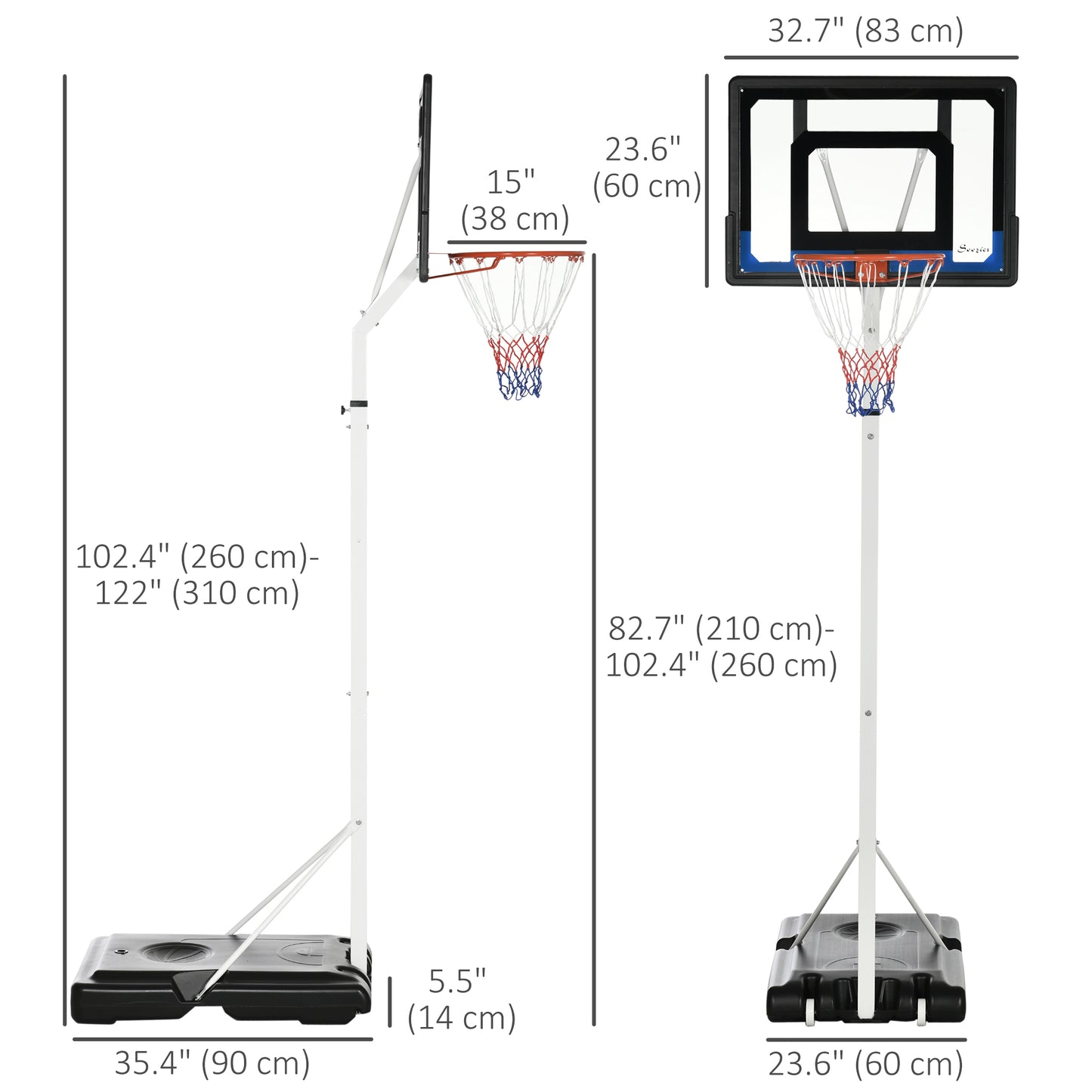 Adjustable Basketball Hoop Stand Sturdy Backboard Weighted Base Portable on Wheels Kids Crystal