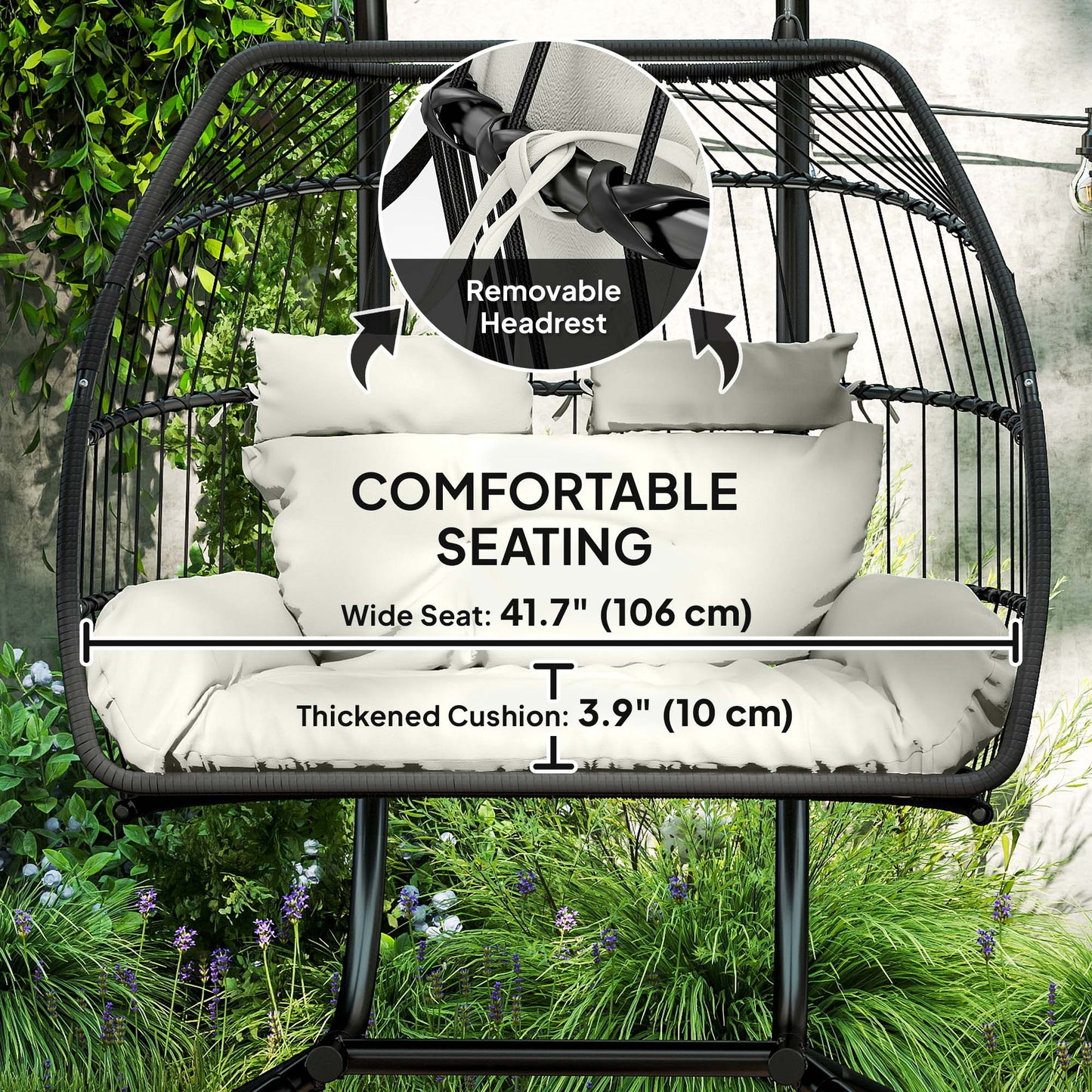 Double Wicker Egg Swing Chair with Stand, Foldable Hanging Egg Chair with UV Resistant Cushion, Headrest, Cream White Kids Crystal