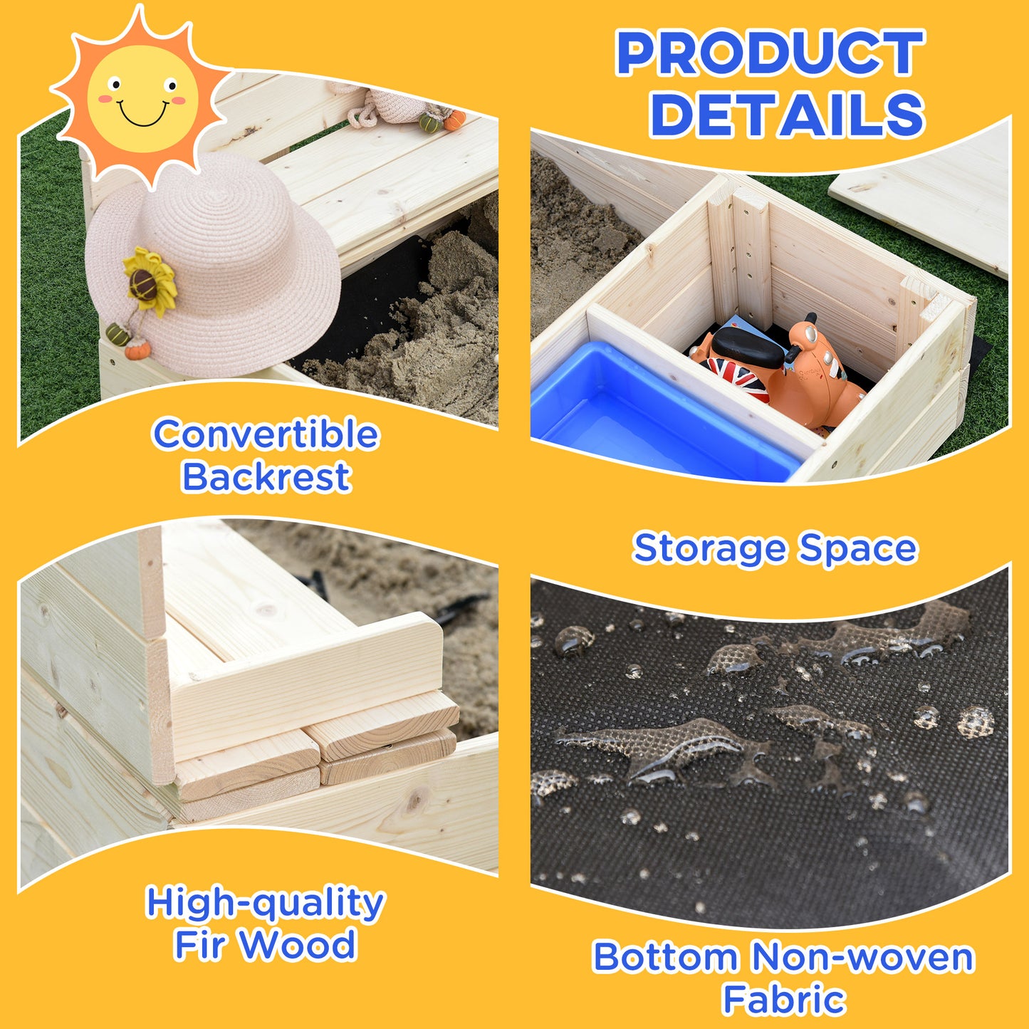 Wooden Kids Sandbox with Foldable Bench Seat, 2 Plastic Boxes, Bottom Liner, Storage Space for Garden, Backyard Kids Crystal