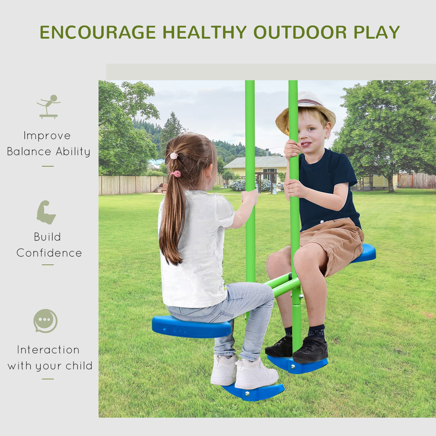 Swing Set for Kids with Glider, 2 Swing Seats, Heavy Duty A-Frame Metal Stand Outdoor Playground Playset, Green Kids Crystal