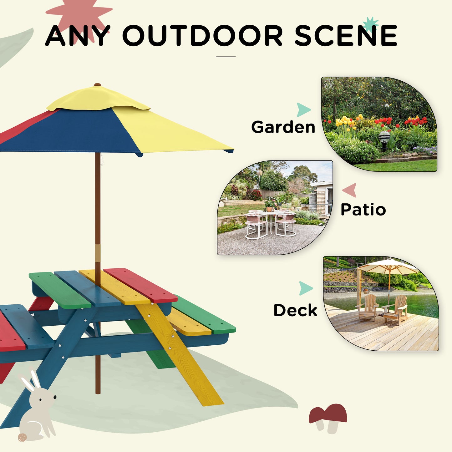 Kids Wooden Picnic Table Bench Set with Removable Umbrella, Ideal for Backyard, Garden, Ages 3-6