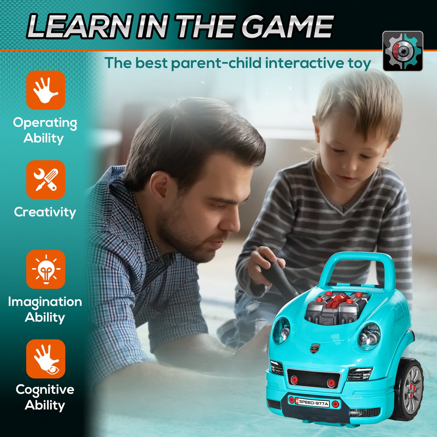 Kids Mechanic Truck Engine Repair Toy Set Car Service Teal Playset with Tools for Pretend Play Kids Crystal
