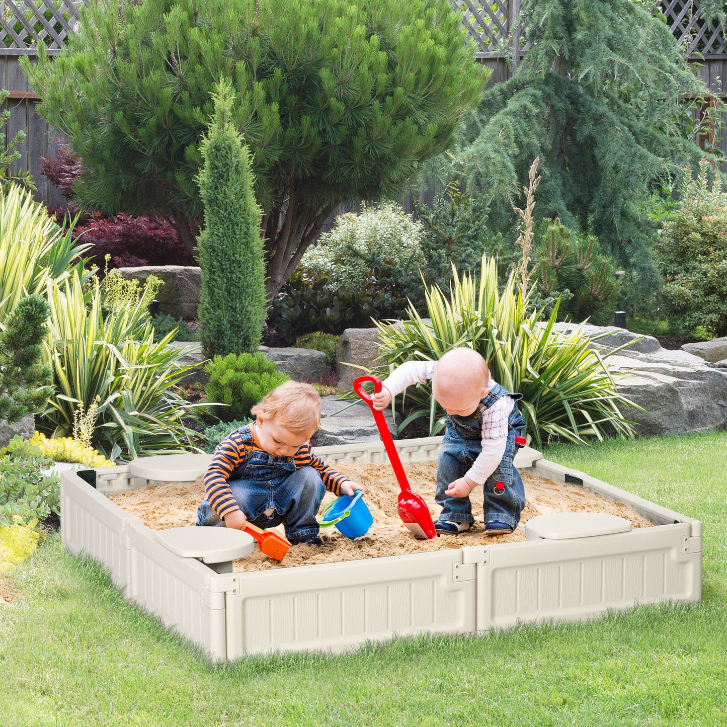Sandbox with Canopy for Kids Outdoor Play Area with Bottom Liner Protective Shade Cream White Kids Crystal