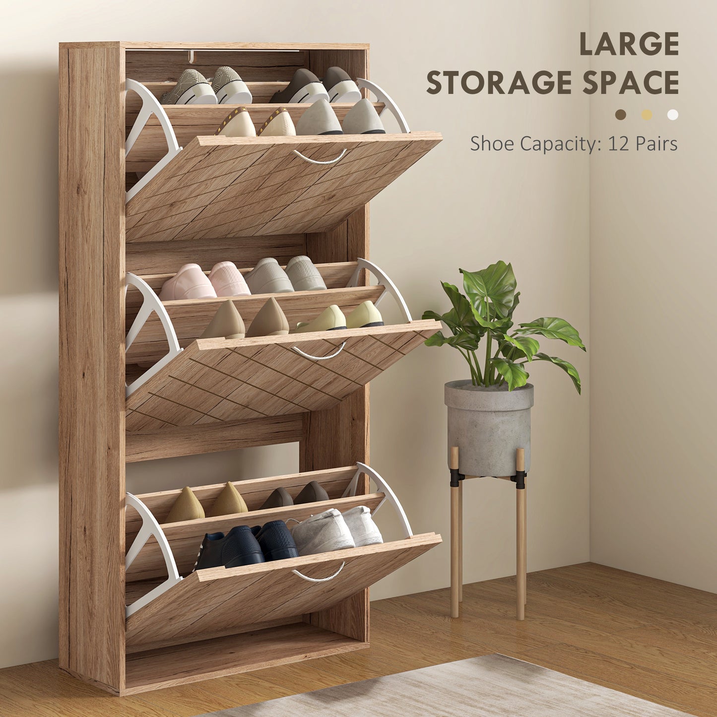 Narrow Slim Shoe Storage Cabinet with 3 Flip Drawers 12 Pair Shoes Organizer for Hallway Entryway Nature Wood Kids Crystal