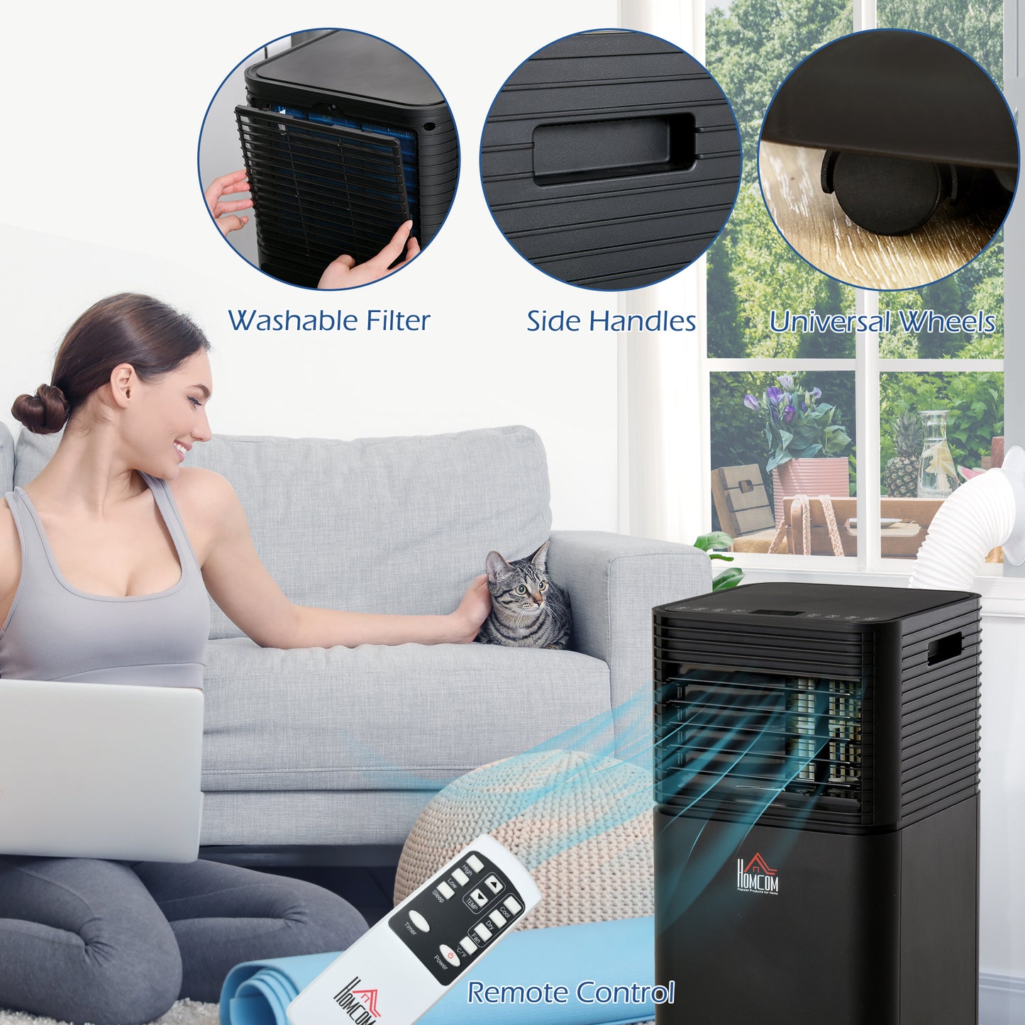 10000 BTU Portable Air Conditioner with Fan & Dehumidifier Mode, Quiet AC Unit with Remote Control, 24-Hour Timer, Black