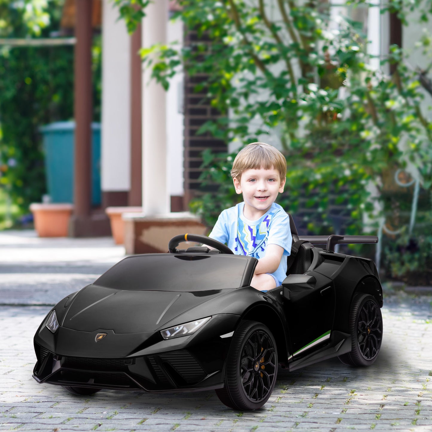 12V Lamborghini Huracan Licensed Kids Electric Car with Remote Control, Spring Suspension, Transport Wheels, Black Kids Crystal