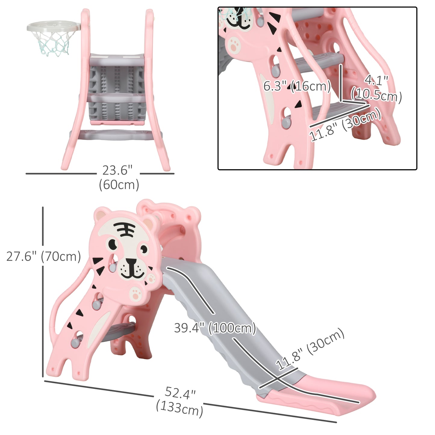 2 in 1 Slide for Toddlers, Kids Slide Playset with Basketball Hoop for 18-36 Months, Pink Kids Crystal