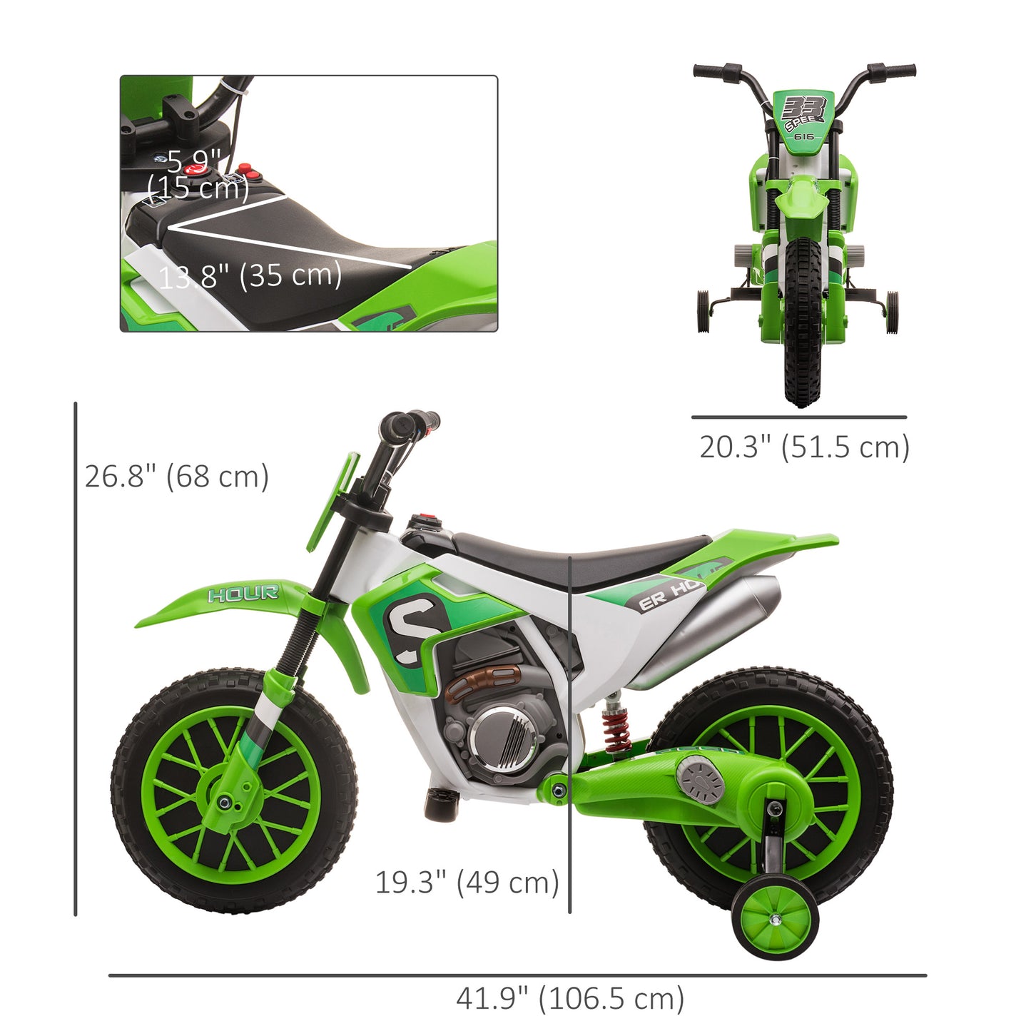 Kids Dirt Bike Battery-Powered Ride-On Electric Motorcycle with Charging 12V Battery, Training Wheels Green Kids Crystal