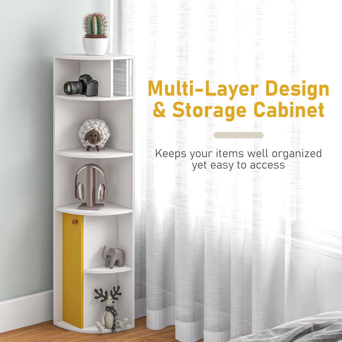 Corner Convenience: 5-Tier Bookshelf with Storage Cupboard Door Organizer for Home Office, White Finish Kids Crystal