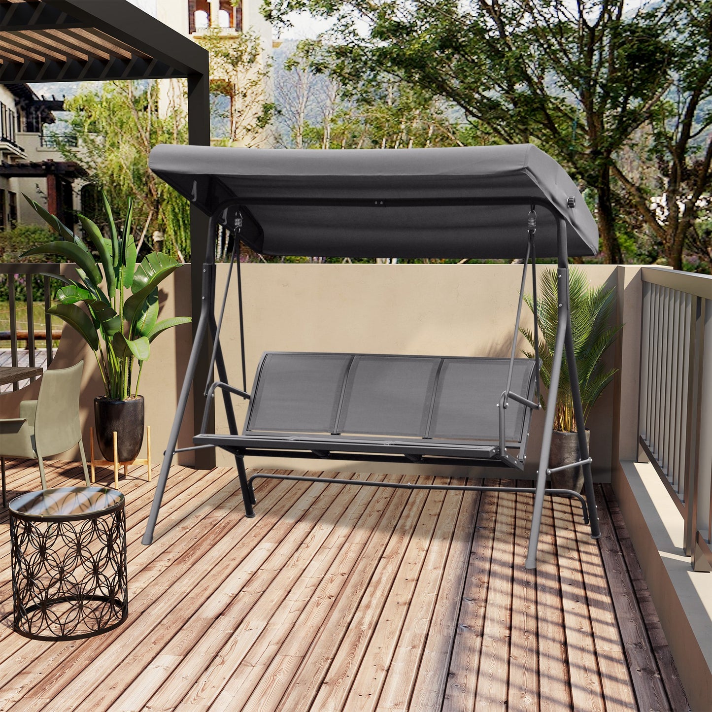 3-Seater Porch Swing Chair Garden Hammock A-Frame Outdoor Sling Seat with Adjustable Canopy Cover Kids Crystal