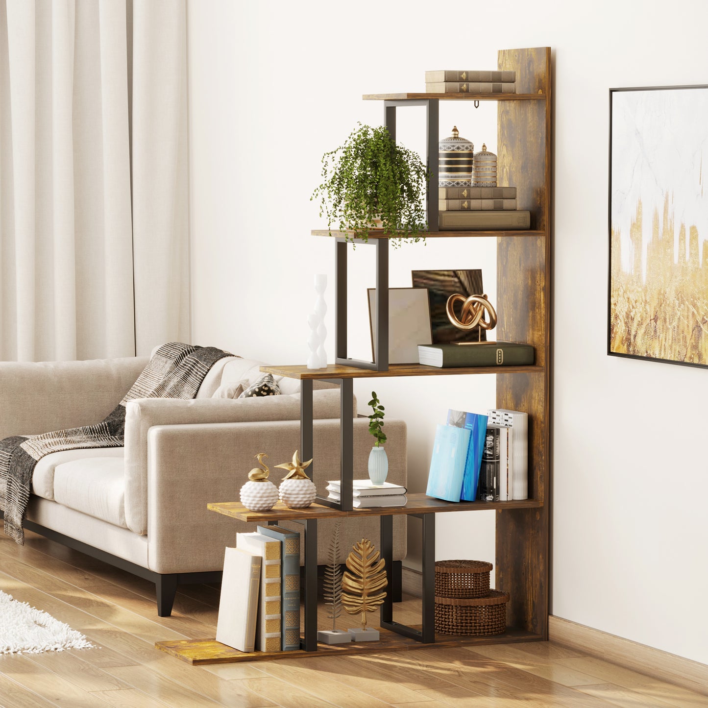 Rustic Ladder Chic: 5-Tier Industrial Wooden Bookshelf Display Stand Organizer, Rustic Brown for Living Room Kids Crystal
