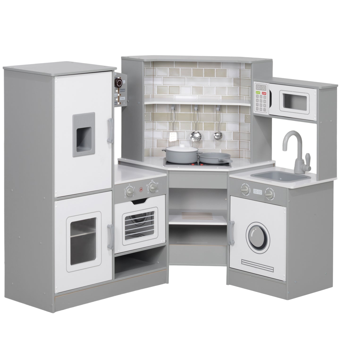 Corner Play Kitchen, Pretend Play Kitchen Set with Lights & Sounds, Stove Ice Maker Microwave Oven Kids Crystal