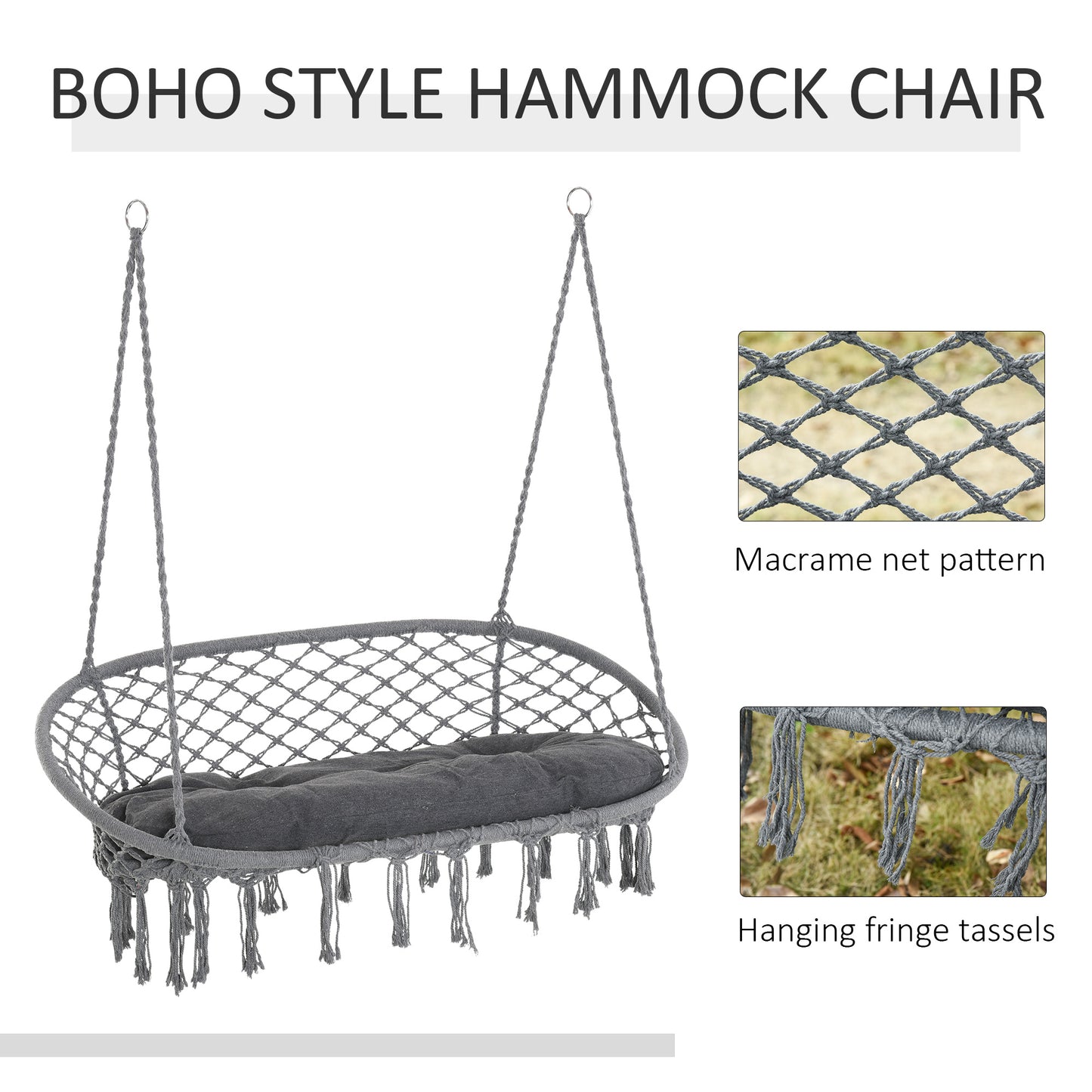 Hanging Chair 2 Seat Metal Swinging Hammock Chair with Cushion & Macrame Net Pattern 396 lbs Capacity Dark Grey Kids Crystal
