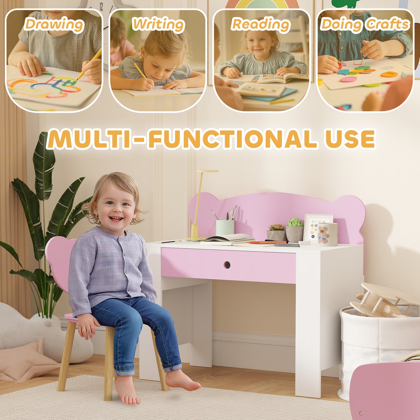 Kids Desk and Chair Set with Drawer for Drawing, Reading, Bear Theme Children Furniture for Bedroom, Daycare, Pink Kids Crystal