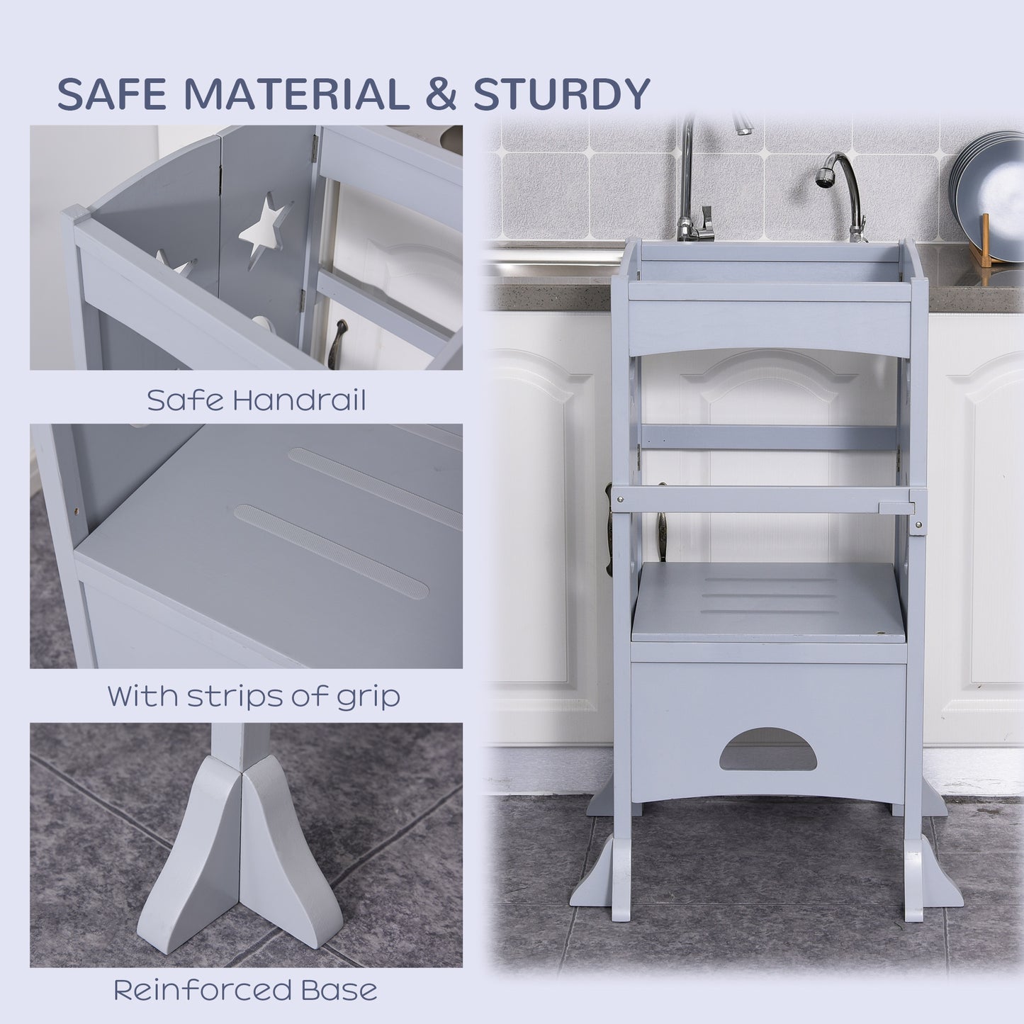 Step Stool with Support Handles Safety Rail Non-Slip Hardwood Stepping Stool for Kids Toddlers Counter Step Helper