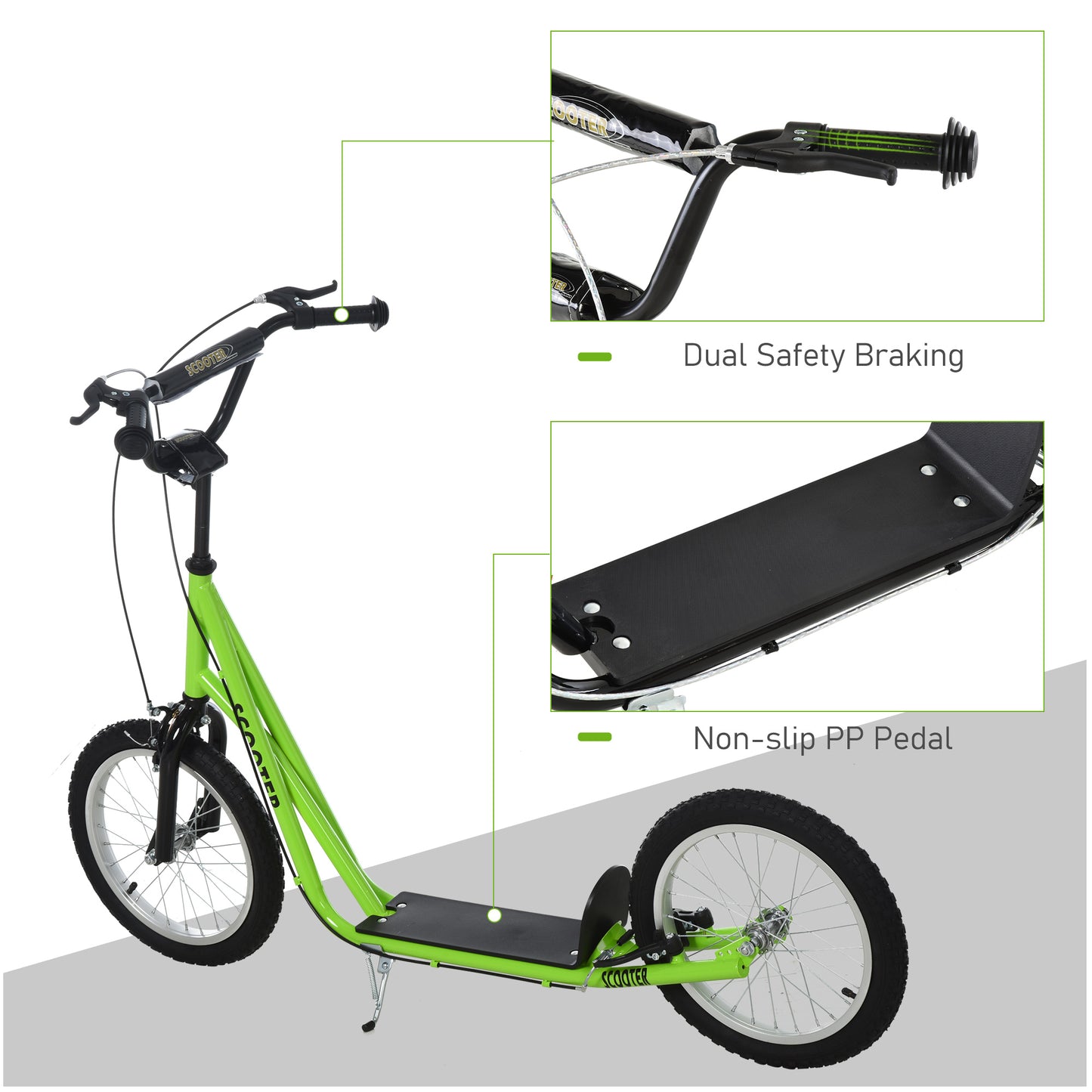 Kids Kick Scooter for 5+ Year Old, Kids Ride on Toy w/ 16" Inflatable Wheel Dual Brakes, Green Kids Crystal